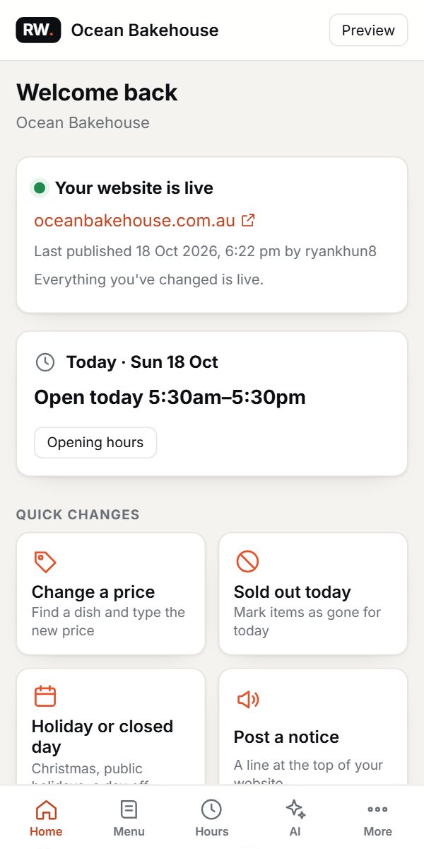 Admin home on a phone: website status, today's hours and quick changes