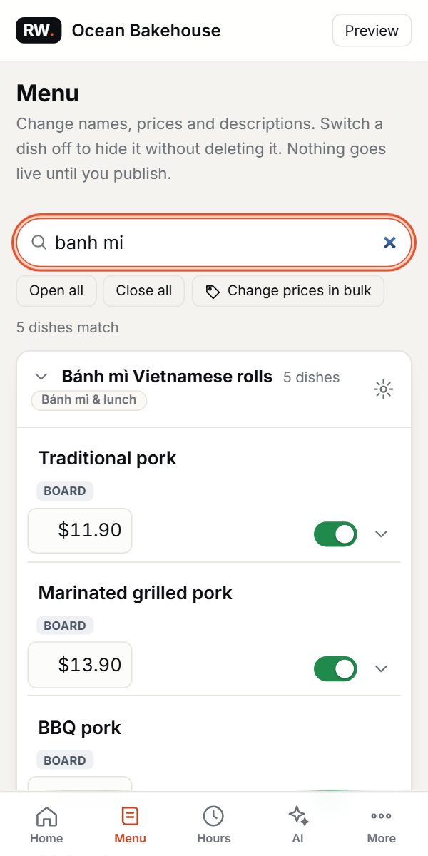 Searching the menu for bánh mì to change a price