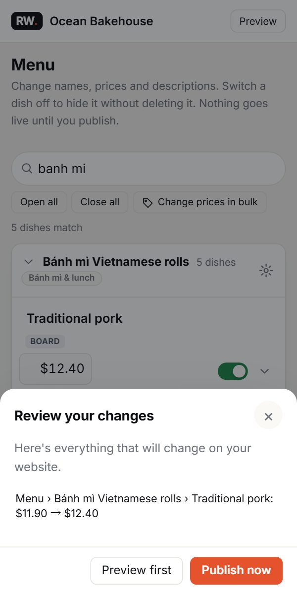 Review your changes before publishing: $11.90 to $12.40