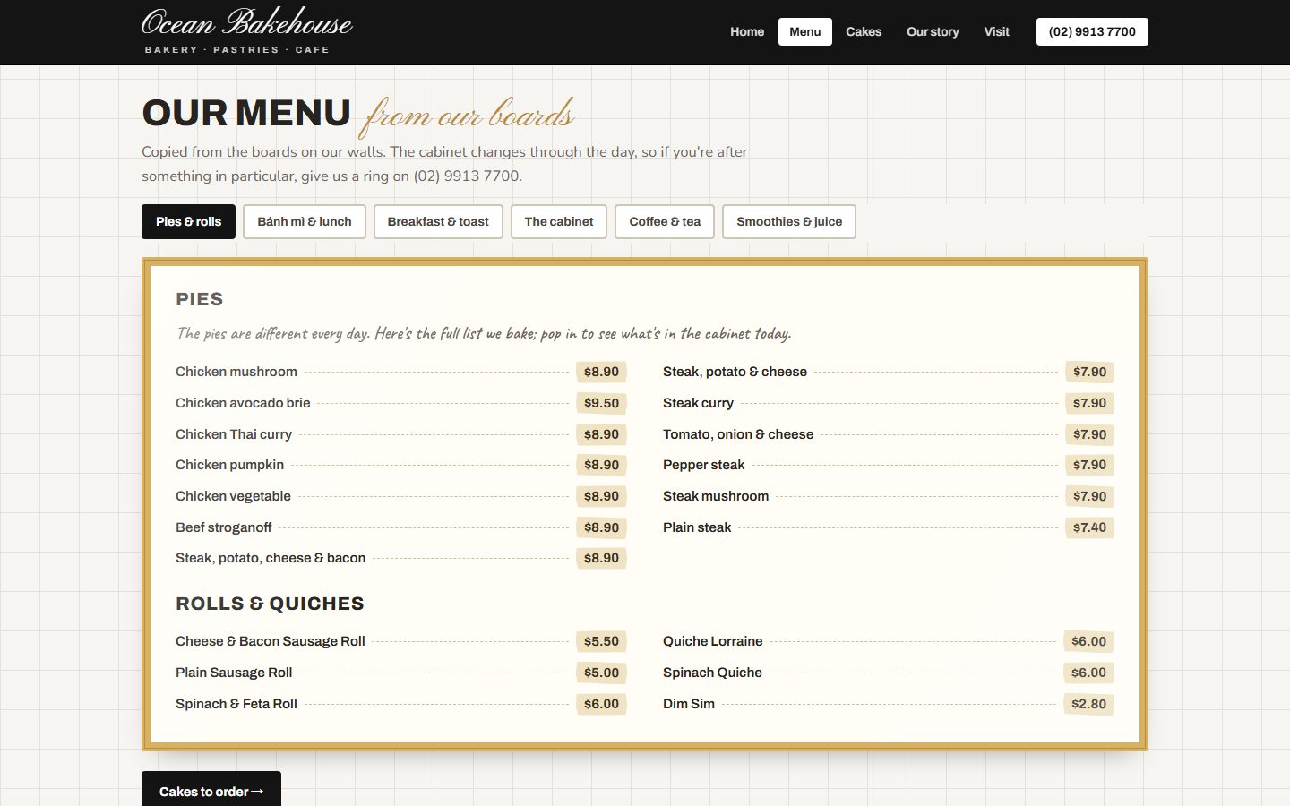 The menu page: six tabs, pies and rolls first, every price on a tape label