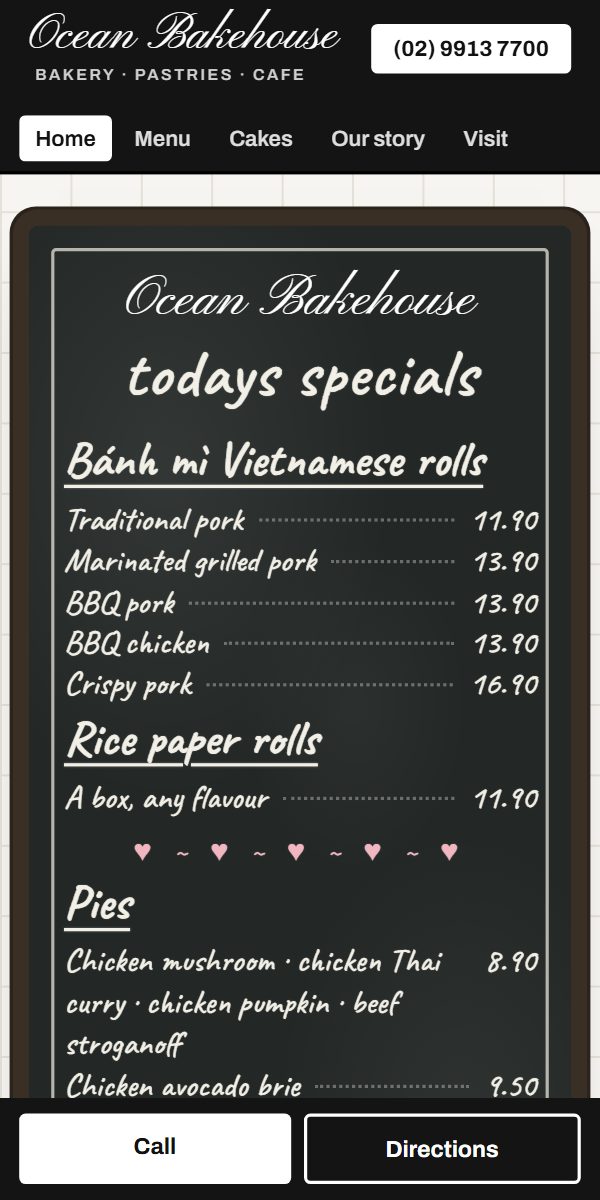 Ocean Bakehouse on a phone: the chalkboard specials