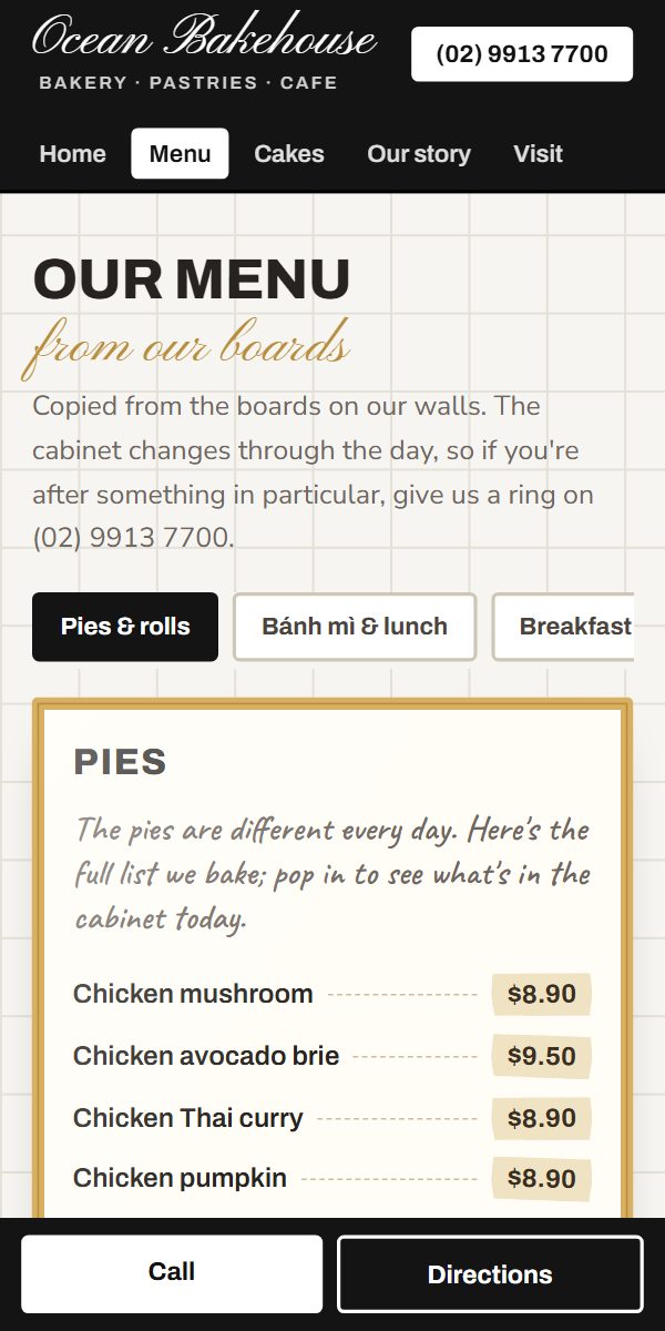 The Ocean Bakehouse menu on a phone