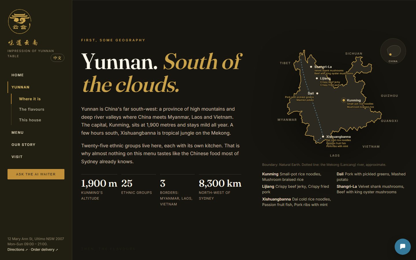 The Yunnan page with the province map and regional dishes